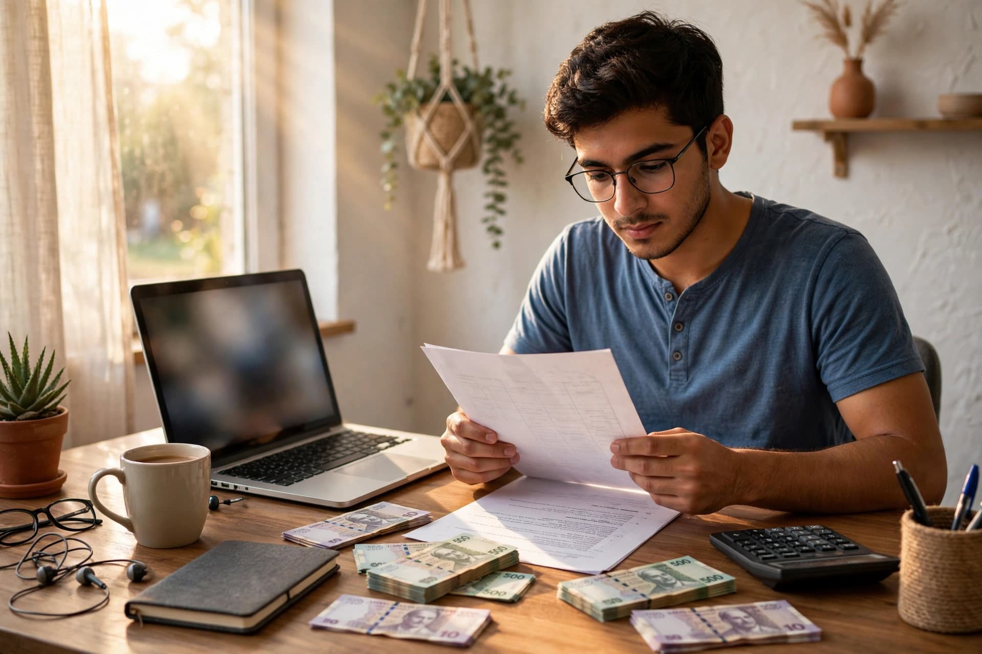 Young freelancer reviewing a pricing quote at a desk with Pakistani rupee banknotes, calculator and laptop