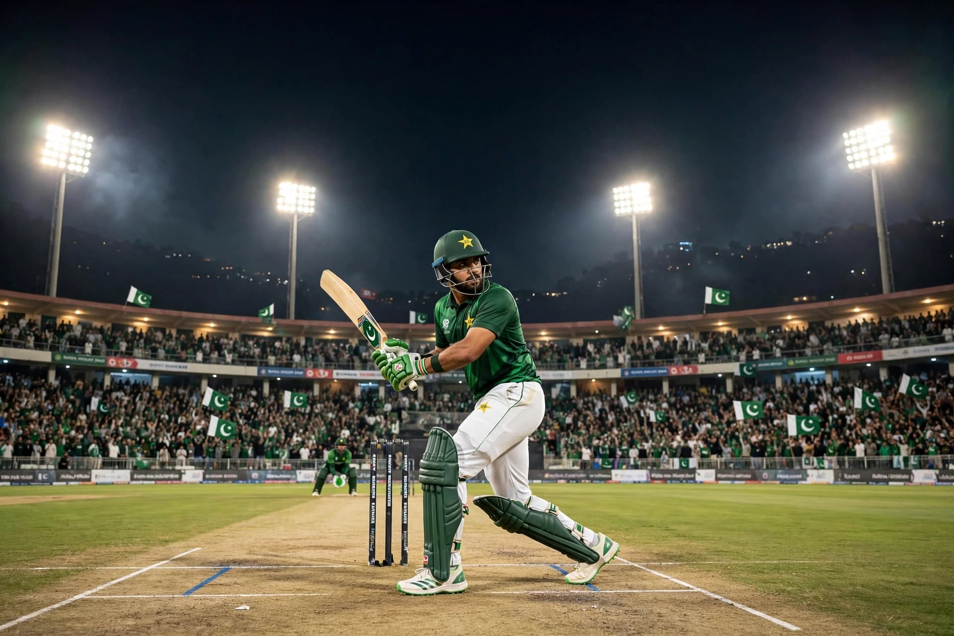 Pakistan batsman playing a shot under floodlights at a packed night stadium